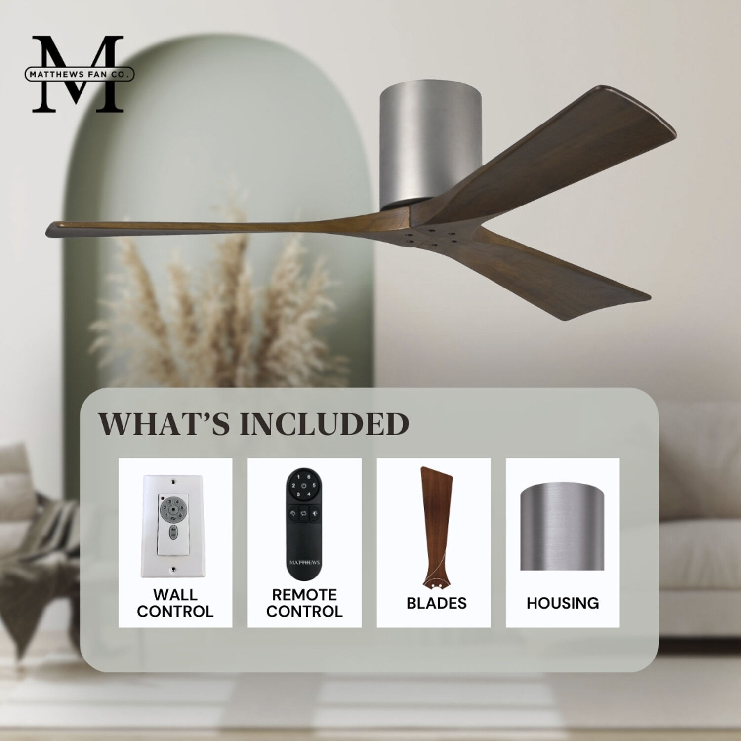 Atlas Irene-3H 60 inch Brushed Nickel with Walnut Tone Blades Flush Mount Paddle Fan, Flush Mounted